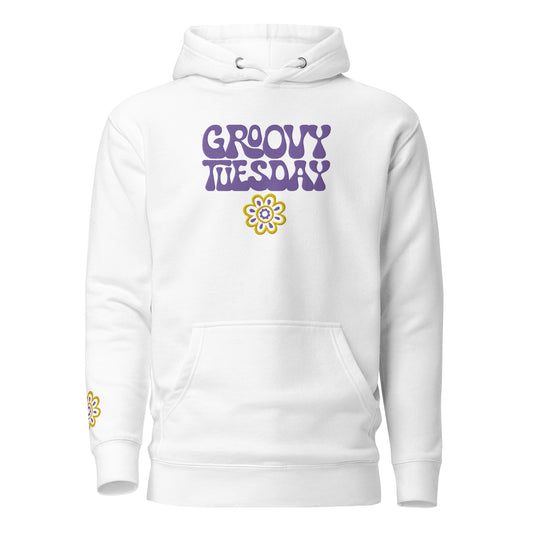 Groovy Tuesday Unisex Embroidered Hoodie (White/Purple)