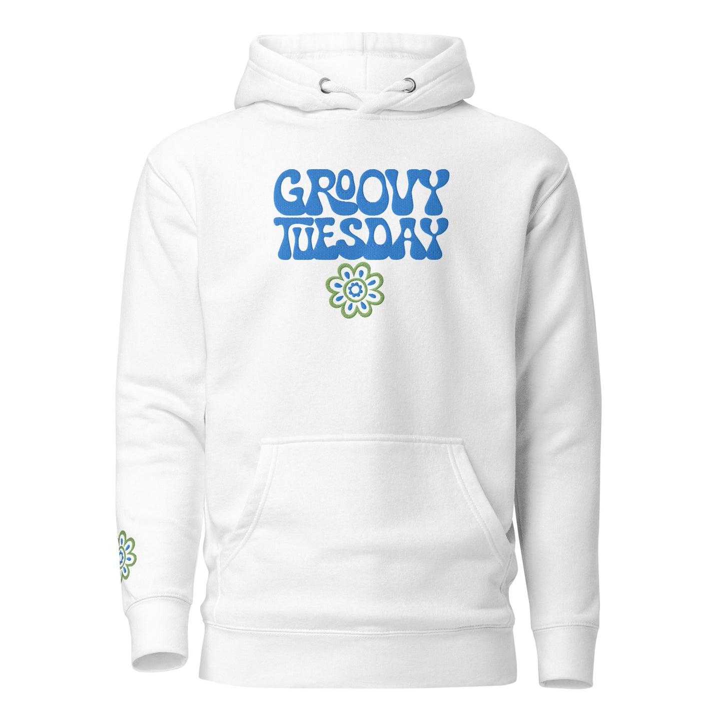 Groovy Tuesday Unisex Embroidered Hoodie (White/Blue)