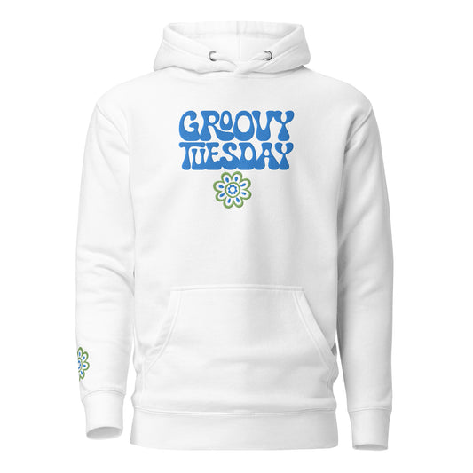 Groovy Tuesday Unisex Embroidered Hoodie (White/Blue)